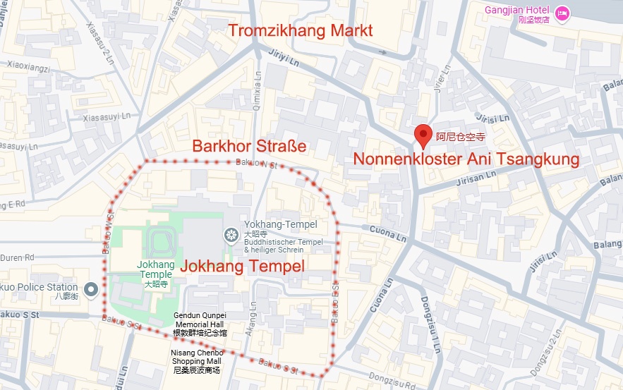 Die Innenstadt von Lhasa, mit Jokhang Tempel und Barkhor Straße Die Innenstadt von Lhasa, mit Jokhang Tempel und Barkhor Straße